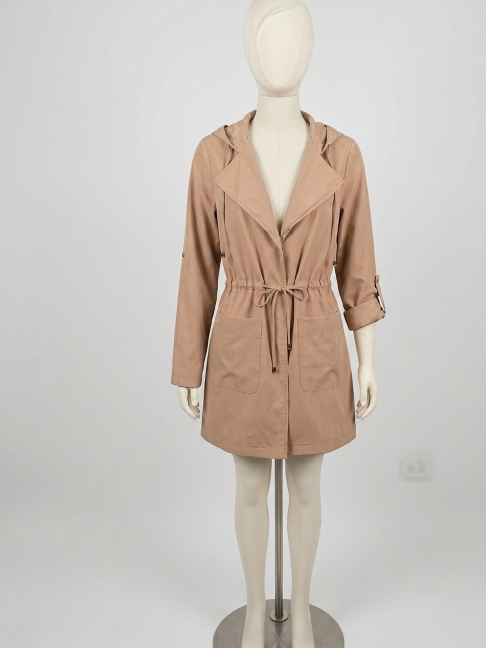 Love Tree Hooded Drawstring Trench Coat in Taupe